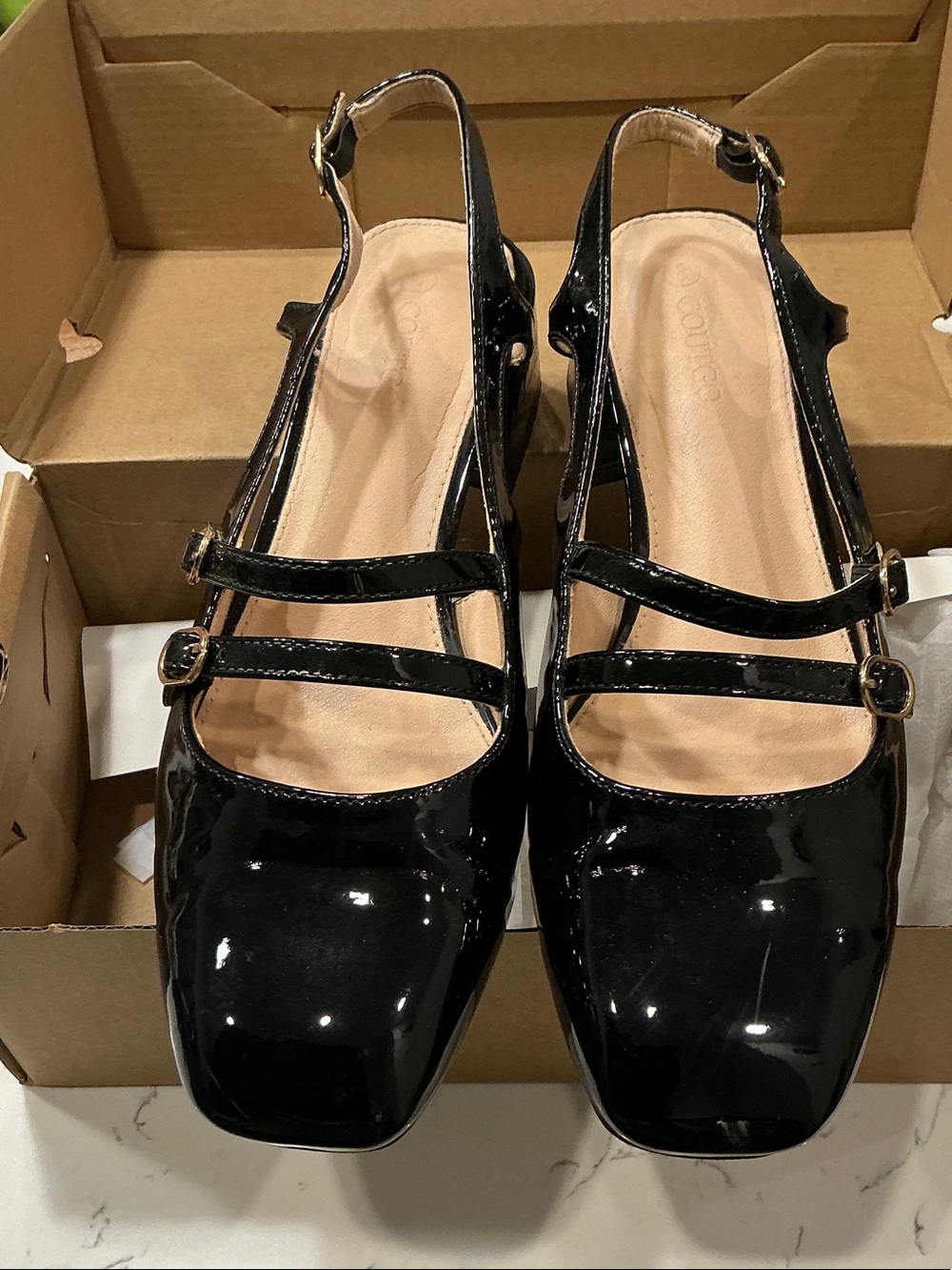Patent Black Mary Jane Slingback Heels with Double Straps